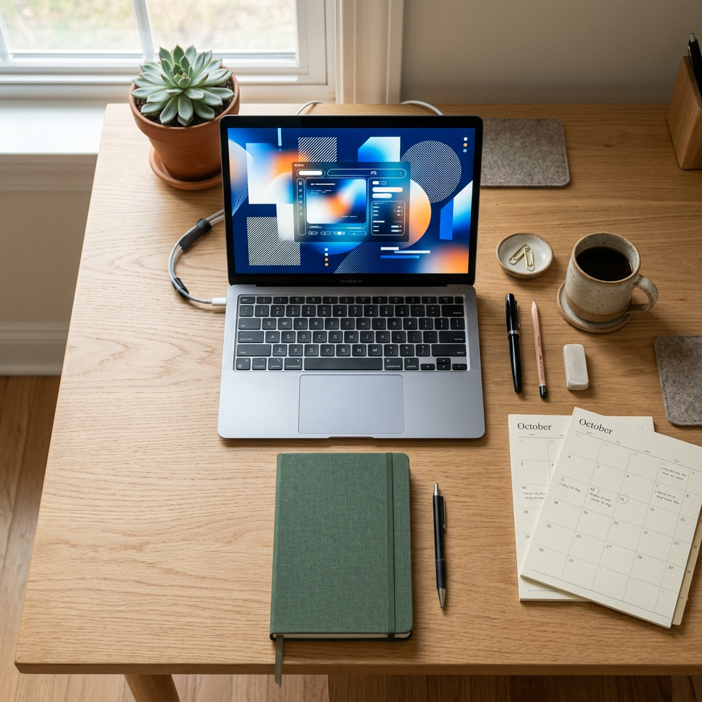 Laptop, notebook, calendar, coffee, and stationery on a wooden desk