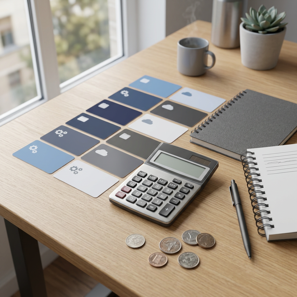 Calculator, coins, notebook, pen, coffee, and planning cards on a desk