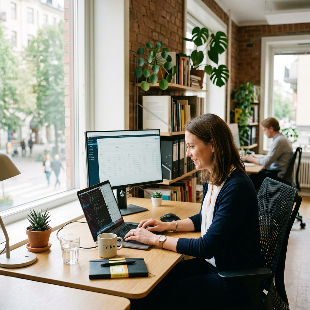 Woman working at a laptop in a bright office with plants