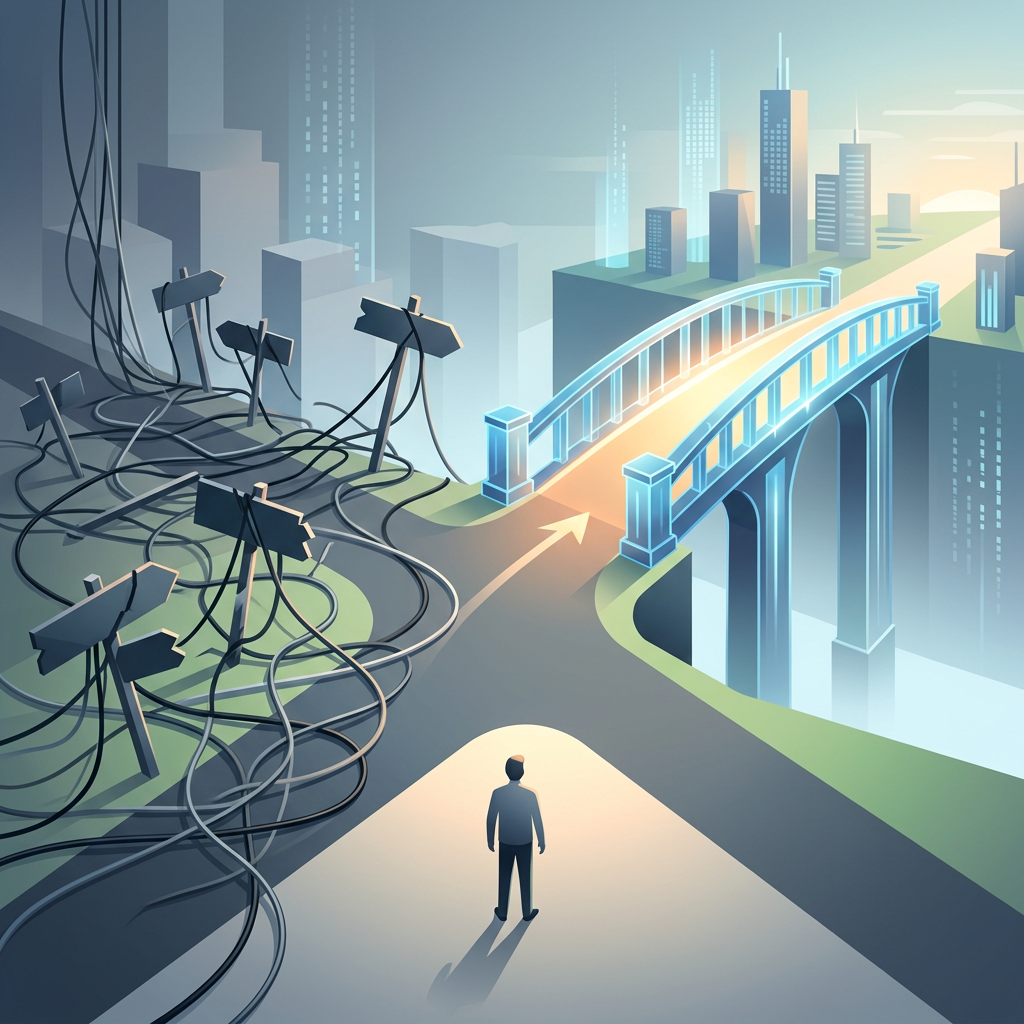Person facing a bright bridge from tangled cables toward a futuristic city