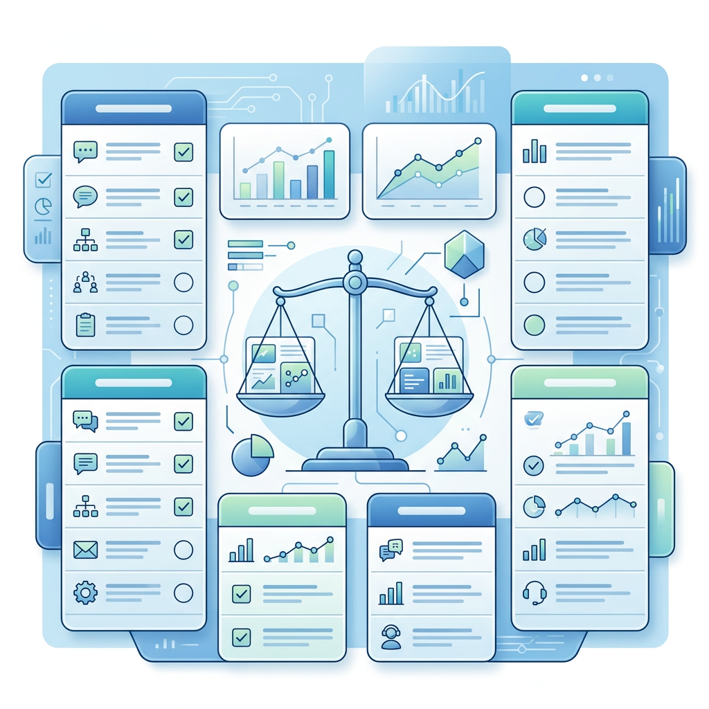 Business dashboard with charts, checklists, and central balance scale