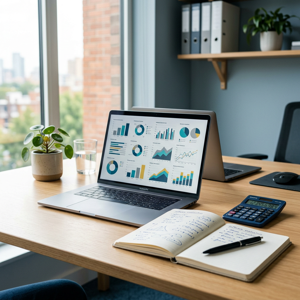 Laptop displaying business analytics dashboards beside notes, calculator, and office supplies
