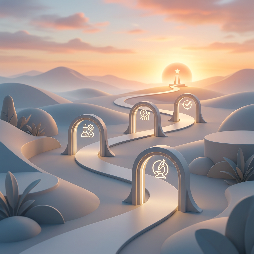 Winding path through illuminated gateways toward a star at sunrise