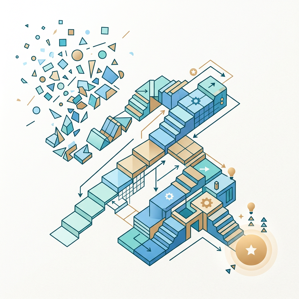 Abstract 3D pathway of connected blocks, arrows, gears, stars, and floating shapes