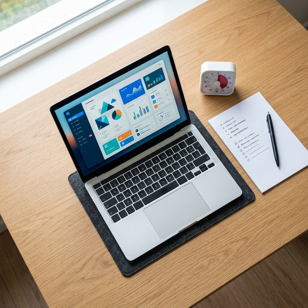 Laptop showing analytics dashboards beside a checklist and timer