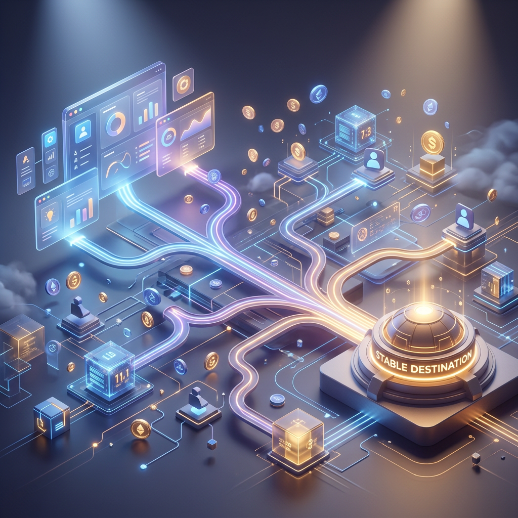 Digital finance network flowing toward a platform labeled “STABLE DESTINATION”